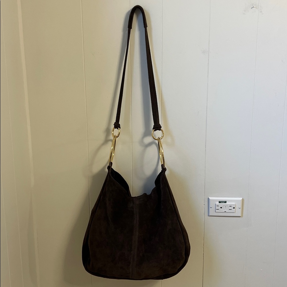 Claudia Firenze Suede Crossbody Slouchy Hobo Tote Bag Chocolate Brown Gold Ring - Picture 10 of 16